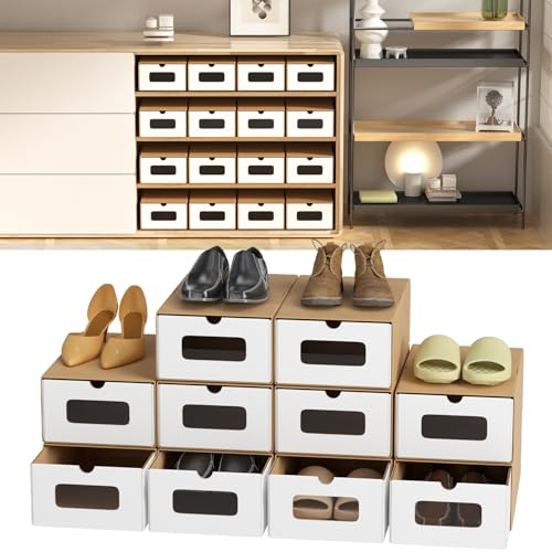 Peviasot 35×23×13 cm - 10x Caja de almacenamiento de zapatos Marrón/Blanco con ventana transparente – Caja de zapatos plegable de papel kraft, apilable, cajón de almacenamiento hasta talla 45