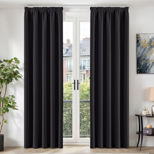 TOPICK Gardinen Vorhänge Verdunklungsvorhänge H245xB140 2er Set Schwarz | Gardinen mit Kräuselband Schlafzimmer Vorhänge Blickdicht Wohnzimmer Blackout Curtain Living Room Gardinen für Schienensystem