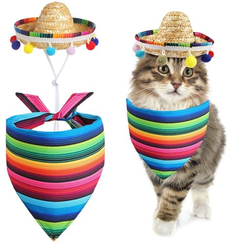 Summer Sombrero Pet Cowboy Costume, Straw Mexican Hat & Bandana Triangle Bib, Perfect for Cinco De Mayo Fiesta Decor, Pet Wear or Porch Goose Decoration Accessory