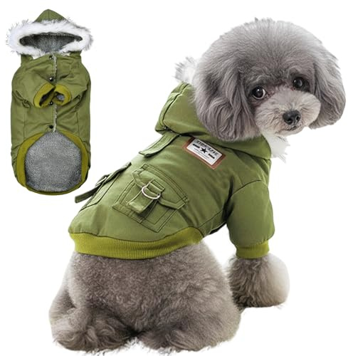 Floofelove Winter-Hundemantel, Armeegrün, winddichte Lederjacke mit Fellkapuze, Größe S für 2,7–4,1 kg Hunde, Schutz vor kaltem Wetter