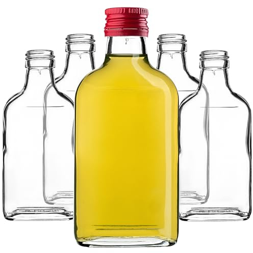 KADAX Lot de 50 gourdes Plates en Verre 200ml – Petites fioles à Bouchon vissant pour liqueurs, alcools & décorations