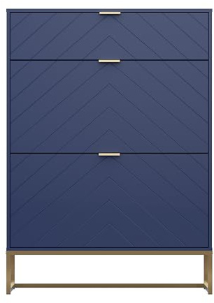 UEV 80cm Wide Shoe Cabinet, 2 Flip Drawers + Top Shelf, Tilt-Out Storage for 16 Pairs, Modern Hallway Cupboard, Navy blue with Gold Legs
