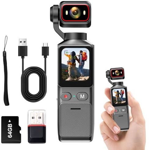 4K Handheld Vlogging Camera, WiFi Pocket Action Camera, Anti-Shake Body Cam | 64GB SD Card Included, Camcorder Video Camera, 180° Rotatable Lens, Traval Sport YouTube Vlogging