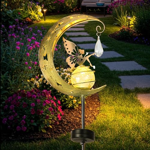 Nzkeuf Solar Lights Garden Decorations, Outdoor Fairy Moon Light with Crystal Waterproof, Crackle Glass & Metal Stake Lights for Pathway Lawn Patio Courtyard Garden, Gift for Mom and Garden Lovers