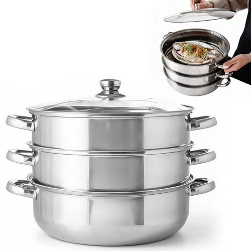Umllpet Cacerola de 28 cm de acero inoxidable para cocinar al vapor, sartén de 3 niveles con tapa, olla para cocinar verduras, mariscos, sopas, guisos y pasta