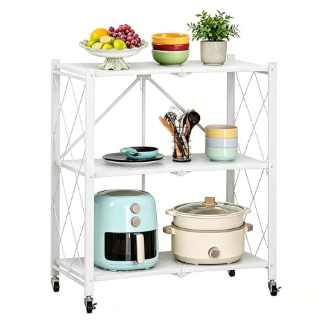 THCTYRP Folding Storage Unit with Wheels,3-Tier Shelving,61x147x28 cm,White | Folding Heavy Duty Shelving Unit, Foldable Storage Shelf Trolley, Foldable Shelf for Kitchen, Office
