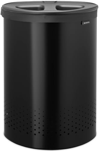 Brabantia Selector Laundry Basket with Lid | 55L - 2 Compartment Washing Basket with Quick‑Drop Lids & Removable Cotton Bag | Matt Black