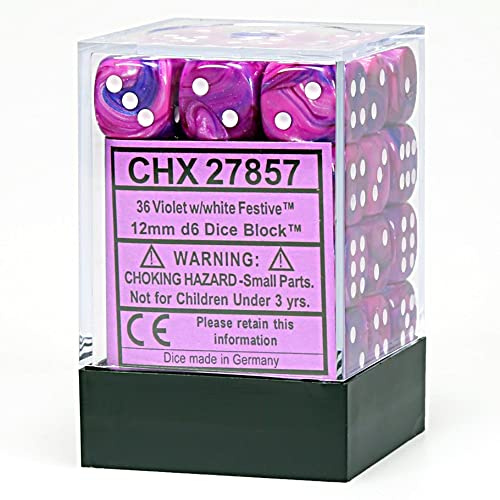 Chessex Signature 12mm d6 with pips Dice Blocks (36 Dice) - Festive Violet w/White