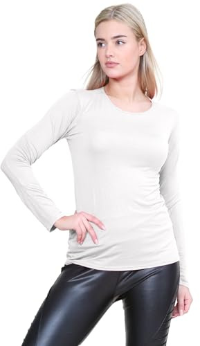 janisramone® Long Sleeve T Shirts Women, Plain Round Neck Breathable Basic Summer Tops for Women UK, Stretchy Slim Fitted Going Out Tops