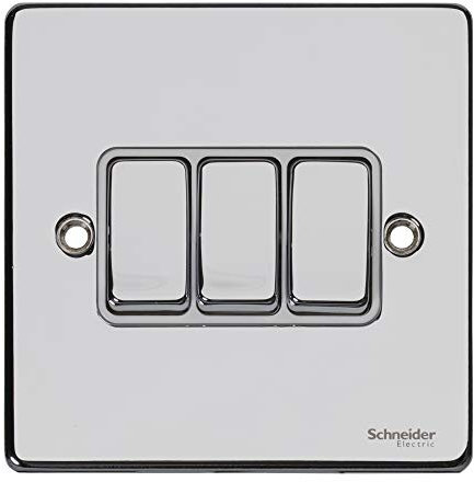 Schneider Electric Ultimate Low Profile GU1532WPC 3-Gang-Wippschalter, 2-Wege-Lichtschalter, 16AX, poliertes Chrom mit weißem Einsatz