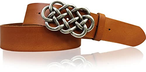 FRONHOFER Damen Gürtel Rindleder ca. 4 cm mit Koppelschnalle keltischer Knoten altsilber ca. 8,5 x 5 cm, Größen 85-125, Riemen mit Druckknopf für Jeans und Röcke, Made in Germany