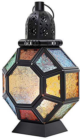 Lewondr Retro Iron Ramadan Candle Lantern, Portable Moroccan Wrought Iron Stained Glass Candle Holder Hanging Lamp Horse Light Wind Lantern for Home Decor Ramadan – Black + Colorful