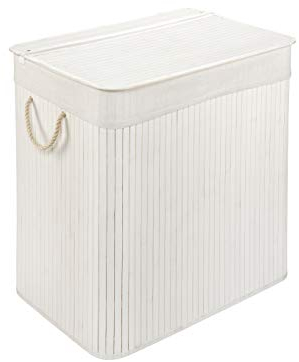 WohnDirect Wäschekorb mit Deckel und 2 Fächer - stabile Wäschebox Bambus - Wäschekorb Weiß mit Wäschesack, waschbar - 100% Bambus - 150 Liter
