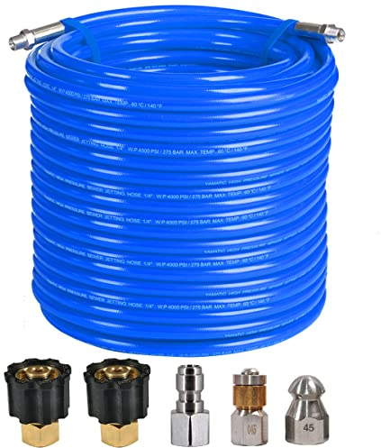 YAMATIC Sewer Jetter Kit for Pressure Washer with Heavy Duty Polyurethane Material 150 FT 1/4 Inch NPT Drain Cleaning Hose Button Nose & Rotating Sewer Jetting Nozzle Orifice 4.5, 5.5, 4000 PSI