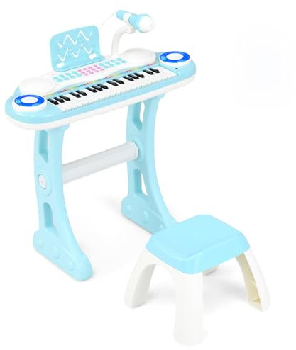 COSTWAY Piano Numérique à 37 Touches Enfants avec Tabouret & Microphone Réglable, Clavier Electronique avec Pupitre & Lumière, Enregistrement et Lecture, Charge 100kg pour Enfants de 18 Mois+