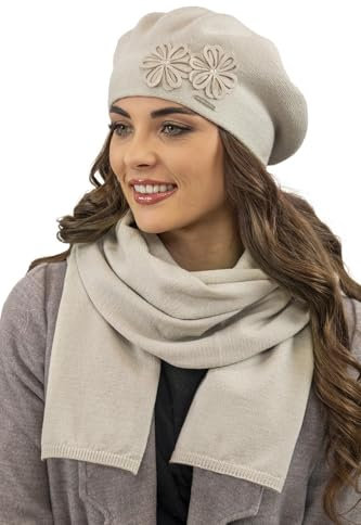 VIVISENCE Damen Baskenmütze Eleganter Wintermütze Und Schal Set Warm Kopfbedeckung Und Halsbedeckung An Winter Und Herbst Warm Dick, Winterset Für Frauen, Hergestellt In EU, Beige