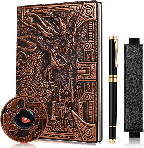 UMiWEi Vintage Dragon Embossed Leather Notebook DND Notebook Travel Journal with Ballpoint Pen and Pen Sleeve Antique Handmade A5 Journal,Hardcover Liner,Writing Notebook Gift for Men Women