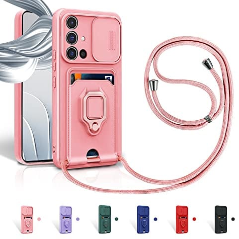 Aithne Case für Samsung Galaxy A71 4G Handykette Hüll,Slide kameraschutz,Silikon Handyhülle zum Umhängen Kette,360 Grad Ringhalter Stand Kartenfach-Pink