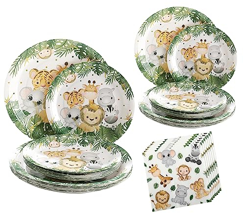 Partygeschirr Dschungel Safari Partygeschirr Set für 25 Gäste,Junge tiere Einweggeschirr Set 75 Stück tiere teller servietten für Wild One Kindergeburtstag