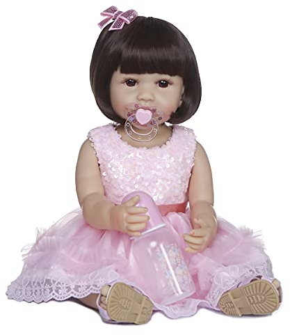 MineeQu 22 Zoll wiedergeborene Babypuppe echtes Leben gefertigt aus Silikon-Vinyl Ganzkörper-anatomisch korrekte realistische Neugeborene Kleinkind-Mädchenpuppen in rosa Paillettenkleid