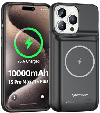 NEWDERY Battery Case for iPhone 15 Pro Max/iPhone 15 Plus 10000mAh, Portable Rechargeable Charging Case with USB C, Qi&Magnetic Wireless Supported Charger Case Battery Pack for iPhone 15 Pro Max/Plus