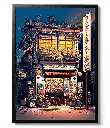 Evening at the Ramen Shop Print, Anime Poster, Japanese Anime Poster, Manga Wall Art, Gaming Home Decor, Cartoon Gift Idea, Archival Matte, A1 (Framed) - 84.1x59.4cm