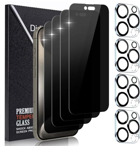 Didisky Lot de 4 Protecteur Verre Trempé Anti-Espion pour iPhone 15 Pro Max 6,7'', et Lot de 4 Caméra Arrière Protecteur, Anti Rayures, Dureté 9H, Pas de Bulles