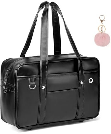 Chillpaper Japanische Schul-Umhängetasche, Tragetasche, Kunstleder, Kawaii, niedliche Büchertasche, Schulranzen, Anime, Cosplay, Studenten, mit rosa Pompons, Große Größe, schwarz, ohne Schultergurt,