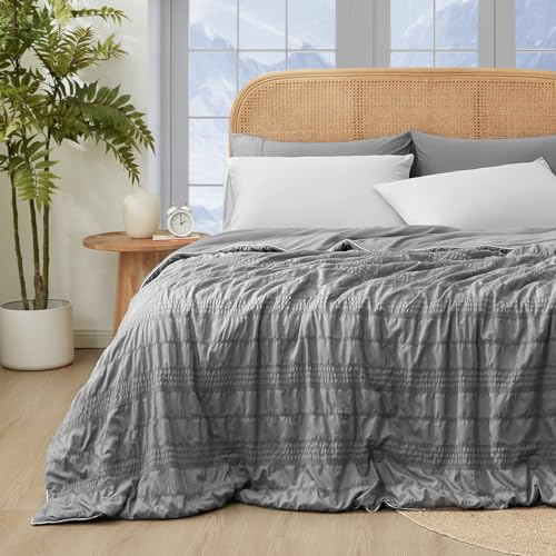 Cozy Bliss Seersucker Cooling Comforter Queen Size, Q-Max 0.45 Reversible Lightweight Cooling Blanket, Breathable Silk Smooth Summer Bedding Quilt for Hot Sleepers Night Sweats Dark Grey