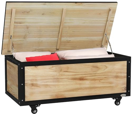 Outsunny Gartenbox Holz Auflagenbox 121L Aufbewahrungsbox mit Rollen, Wetterbeständige Aufbewahrungskiste für Balkon, Terrasse, Natur