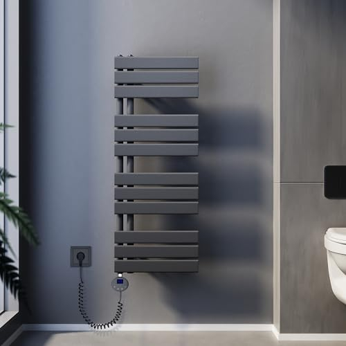 SUNXURY Scaldasalviette elettrico con termostato, 1038 x 400 mm, 600 Watt, colore antracite, portasciugamani elettrico, piatto, scaldasalviette con barra riscaldante