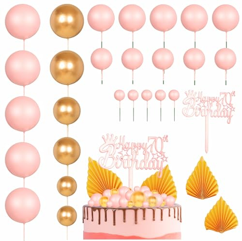 29Pcs Ball Cake Picks Colorful Ball Shaped Cake Topper Mini Balloons Pearl Balls Cupcake Picks Ball Cake Insert Topper for 70th Birthday Party Wedding Decoration Supplies Pink and Gold