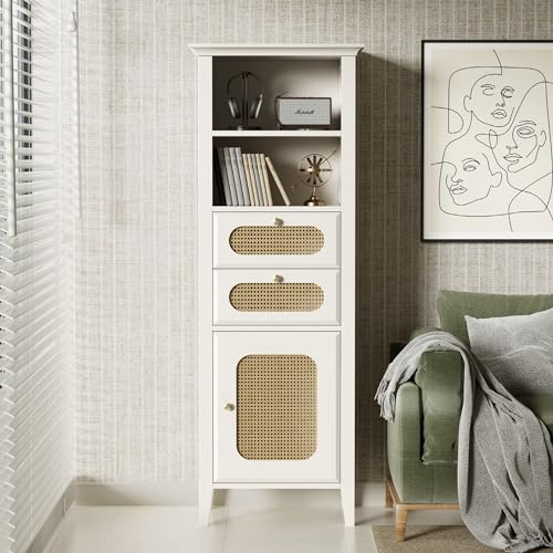 HAINEW Landhausstil Kommode Sideboard Vitrine mit 2 Rattan Schublade und 1 Rattan Tür, Holzschrank Hochschrank Anrichte mit Holz Beine für Wohnzimmer Schlafzimmer, Weiß, 50×38×140,5cm