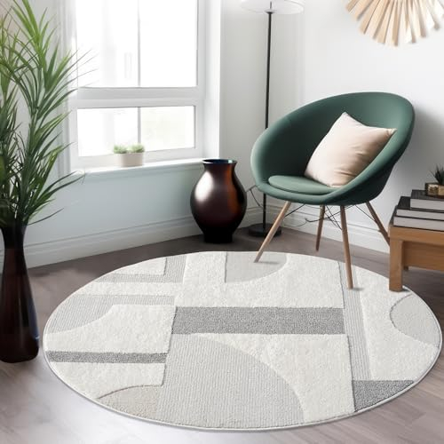 payé Teppich Rund 200x200cm - Creme-Grau Geometrische Muster Boho Design Flachflor Hochtief Struktur Bodenbelag Deko