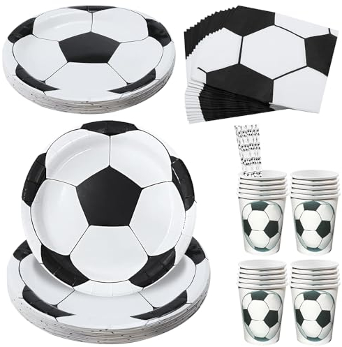 YANGUN 100 Pcs Decoracion Cumpleaños Futbol, Platos Cumpleaños Futbol, Vajilla de Fútbol para Fiesta de Cumpleaños, 40 Platos Cumpleaños Futbol,20 Ttazas,20 Pajitas-20 Invitados
