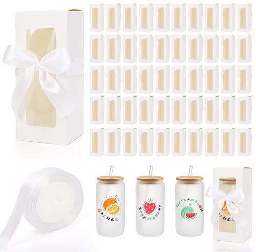 Mezchi 50 cajas de regalo blancas con cinta de 25 yardas, cajas transparentes para regalos para vidrio de sublimación, caja de regalo de copa de vino para vasos de 12 onzas, 16 onzas, 20 onzas, tazas,
