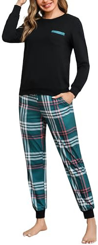 Bresdk Pyjama Femme Ensembles Coton Long Hiver Carreaux Col Ronde Manches Longues Pyjama pour 2 Pièces