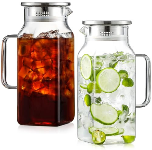 Netany Muttermilchkännchen, 2 Stück, 1,2 Liter, kleiner quadratischer Glaskrug mit Deckel und Griff für Kühlschrank, Eistee und Kaffeekaraffe, Aufbewahrungsbehälter, resistent gegen heiße und kalte