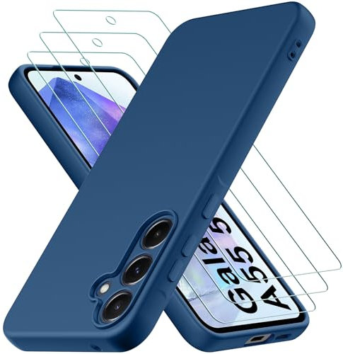 Coque pour Samsung Galaxy A55 5G, avec 3 Pièces Verre trempé Protection écran, Couche Intérieure Douce, Mince Souple Silicone Étui Protection Antichoc Bumper Housse TPU Téléphone Case Cover, Bleu