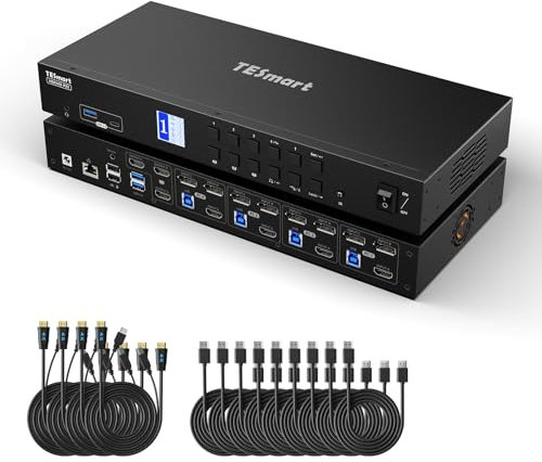 TESmart DisplayPort HDMI USB 3.0 KVM Swtich HDK403-Prime, 4K@60Hz 4 PC 3 Monitor KVM Umschalter, mit DP 1.2 HDMI 2.0 USB 3.2 Gen 1 und Audio Mikrofon, EDID Emulators, 1Gbps Ethernet, Hotkey-Schaltung