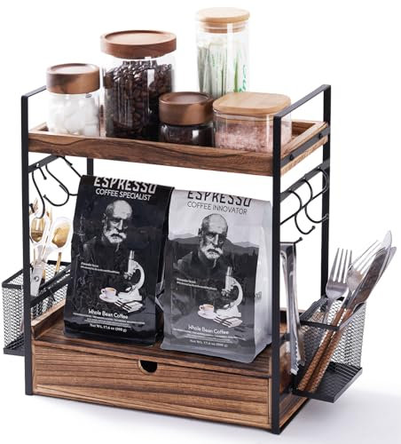 3-Tier Coffee Station Organizer with Slide Out Drawer, 2 Metal Baskets & 6 Hooks, Bathroom Organiser, Mug Storage for Home, Office, Wooden Desk Organiser, Kitchen Shelf Organiser for Countertop