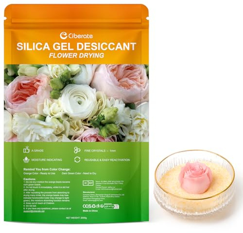 Ciberate 1 KG Silicagel für Blumen-Trocknung, Feine Kristalle <1mm, Farbanzeige & Wiederverwendbar, Kieselgel zum Trocknen von Blumen, Trockenmittel mit Indikator für Blüten, Blütensträuße usw.