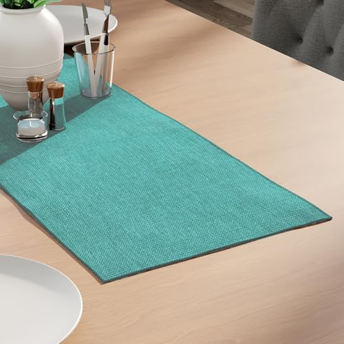 Encasa XO Tischläufer, Modern, Fein Chenille Stoff 13x72 | Turq, 100% Polyester | Rechteckig | Rippenstruktur | Maschinenwaschbar | Formstabil & Farbecht | Esszimmer Deko