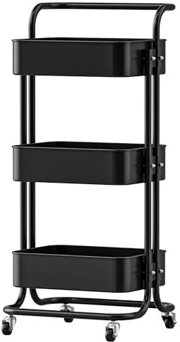 FUREINSTORE Carrito Auxiliar con Ruedas, Carro Organizador Metalico 3 Niveles Multiuso para Cocina, Baño, Dormitorio, Oficina, Fácil de Mover y Montar (Negro)