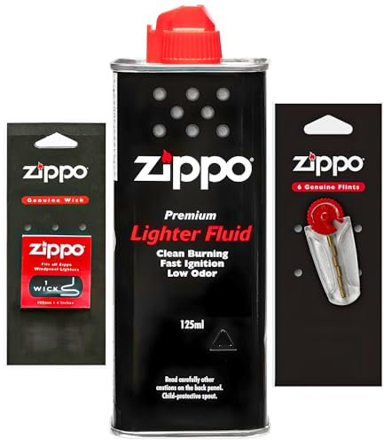 Zippo Lighter Fluid 125ml + 6 Flints + Genuine Wick - Zippo Lighter Fuel Refill Kit for Windproof Lighters & Hand Warmers - Low Odor, Fast Ignition, Easy Fill
