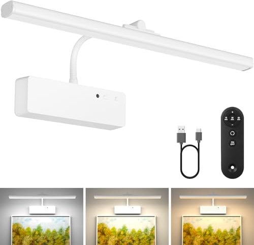 Lightbiz LED Bildbeleuchtung Kabellos, Akku Wandleuchte Innen mit Fernbedienung und Aufladbar, Dimmbare & 3 Farbtemperaturen, Beleuchtung für Spiegel Schreibtisch Malen Foto (Weiß)