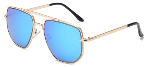 Long Keeper Retro Pilot Sonnenbrille Herren Herren Groß Metallrahmen Sonnenbrille Pilotenbrille Doppelsteg 70er Pilot Retro Brille Unisex, 60 MM (Gold Rahmen – Blau Verspiegelt Gläser)