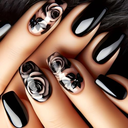 24Pcs Black Rose French Tip False Nails Medium, Solid Color Flower Press on Nails Coffin, Natural Removable Full Cover Fake Stick on Nails in 12 Sizes, Manicure Kit for Women Girls Daily Wear