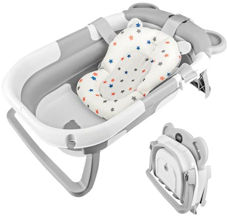 Bañera para bebés con termómetro, bañera plegable para bebés con alfombrilla de asiento, bañera plegable portátil antideslizante, bañera para bebés de 0 a 36 meses