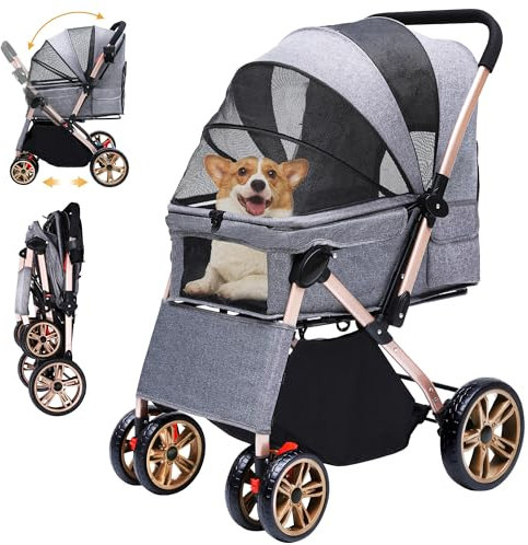 DWVO Hundebuggy 3 in1 Hundebox Transporttasche, Faltbar klappbar Katzenwagen Bis 22kg, 360° Verschleißfeste EVA-Räder, Ablagekorb, Netzfenstern, 58,5x76x105cm, hundewagen für hunde (Grau)